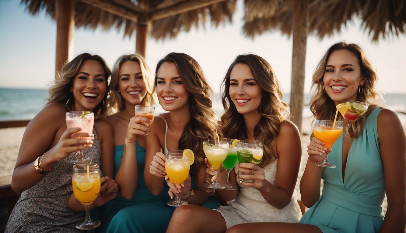 A group of women enjoying a sunny day at a beachfront bar, sipping colorful cocktails and laughing together. The ocean waves crash in the background as they toast to the bride-to-be San Diego Bachelorette Party Ideas