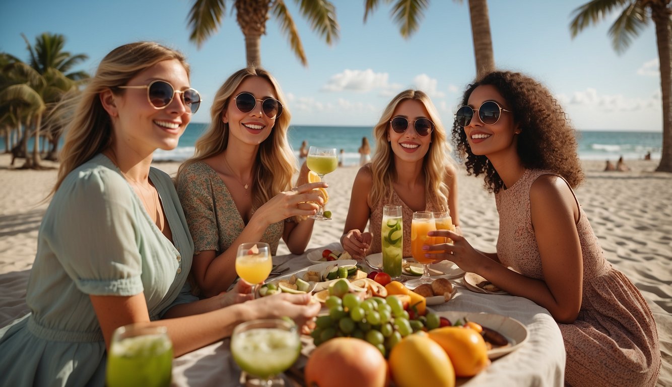 A group of women lounging by a pool, enjoying spa treatments, sipping on cocktails, and laughing together at a luxurious San Diego resort San Diego Bachelorette Party Ideas