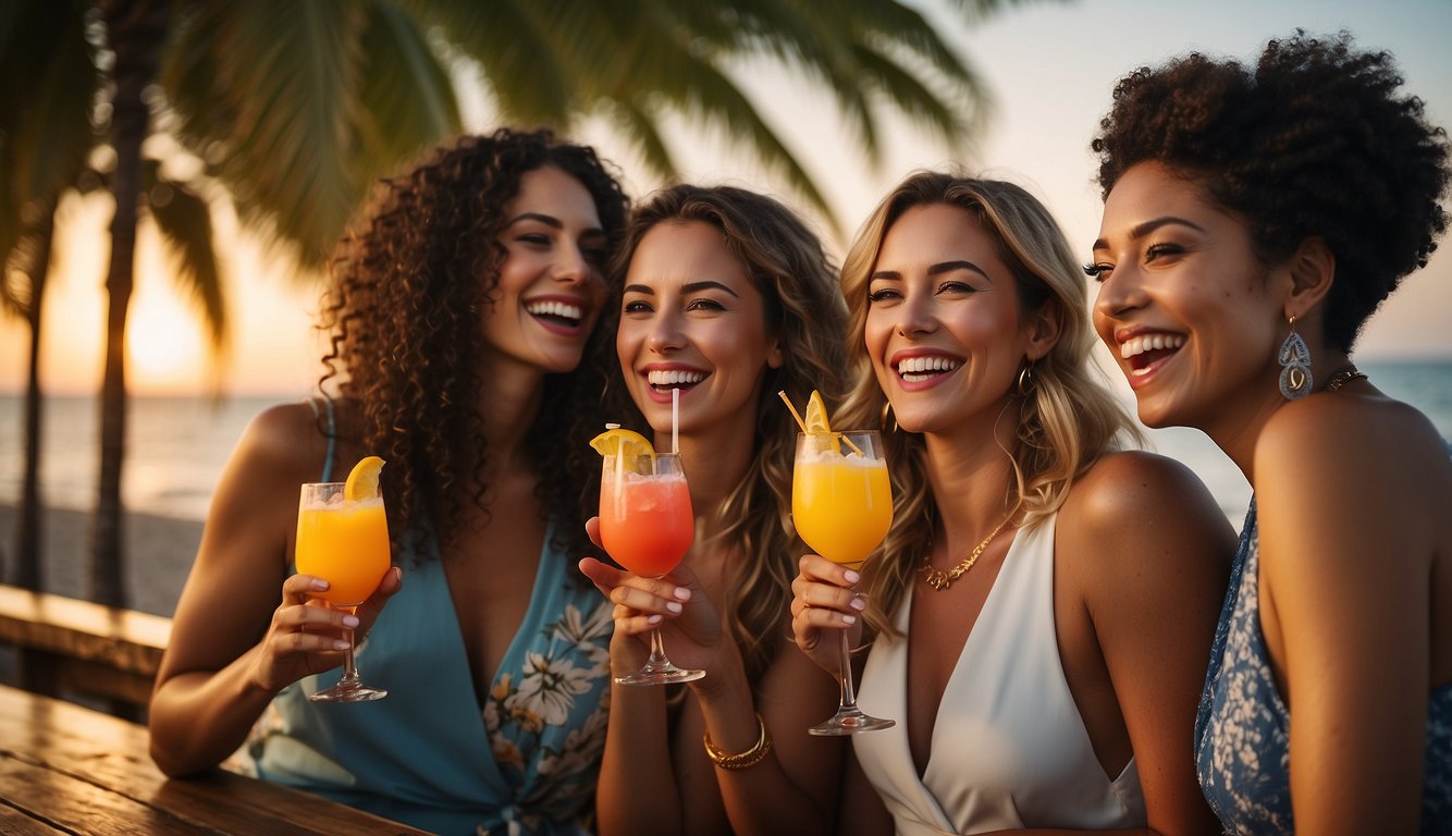 A vibrant outdoor brunch scene with colorful cocktails, avocado toast, and acai bowls. Sunlight streams through the umbrellas as friends laugh and toast to the bride-to-be San Diego Bachelorette Party Ideas