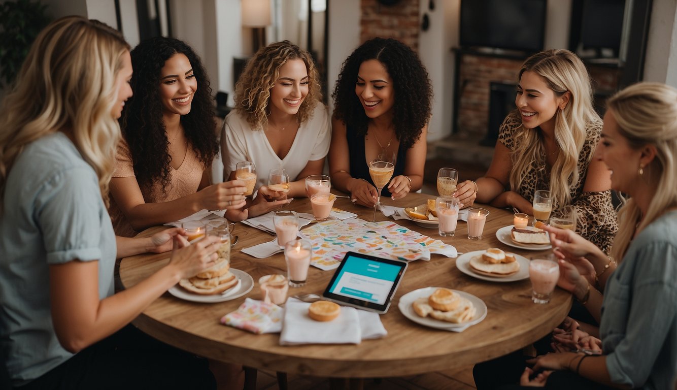 A group of women gather around a table, discussing and planning a bachelorette party. They have budgeting spreadsheets, magazines, and colorful mood boards laid out in front of them, brainstorming ideas for the perfect bash in San Diego San Diego Bachelorette Party Ideas