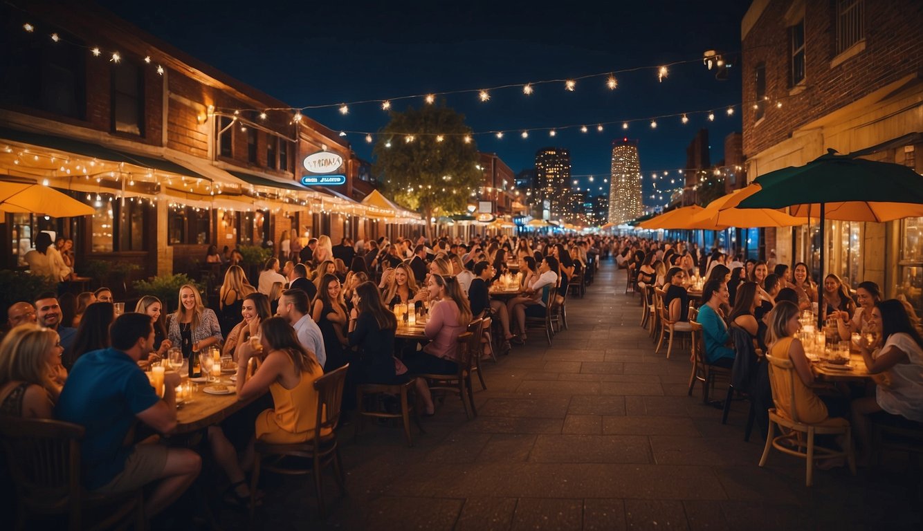 Colorful restaurants and bars line the bustling streets, with people laughing and enjoying delicious food and drinks. The city lights create a vibrant backdrop for a fun and lively bachelorette party scene San Diego Bachelorette Party Ideas