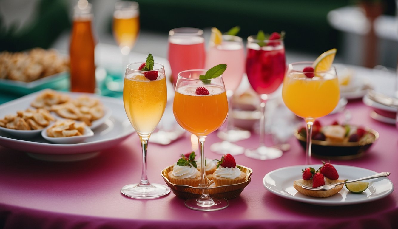 A table adorned with decadent desserts, champagne flutes, and colorful cocktails surrounded by excited chatter and laughter at a bachelorette party in Las Vegas