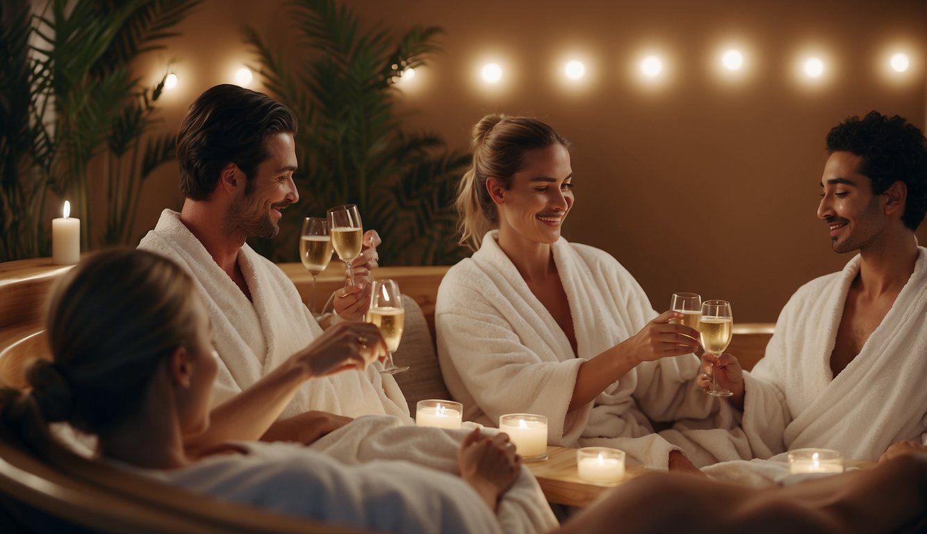 A luxurious spa with plush robes, tranquil music, and bubbling hot tubs. A group of friends sipping champagne and getting pampered with facials and massages Las Vegas Bachelorette Party Ideas