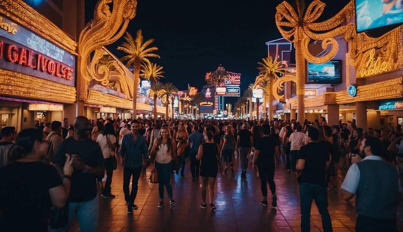 Neon lights illuminate crowded streets, pulsing music spills from open doors, and laughter fills the air in the bustling nightlife of Las Vegas