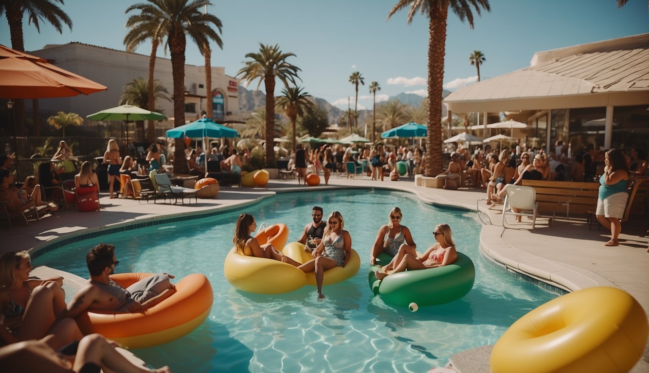 A lively pool party in Las Vegas with colorful floats, palm trees, and a DJ spinning music. Sunbathers relax on lounge chairs while others splash and play in the pool Las Vegas Bachelorette Party Ideas