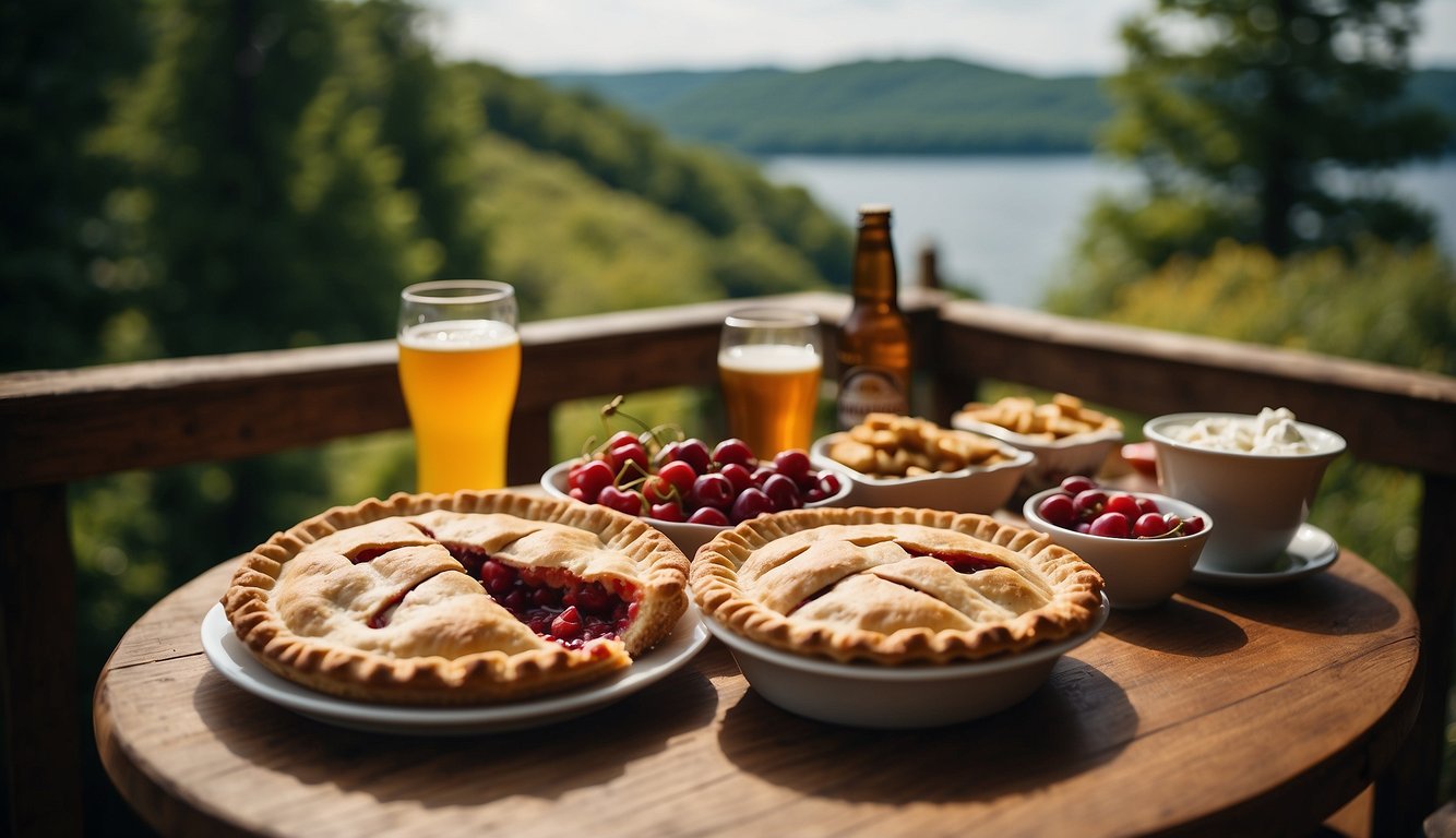 A table overflowing with Michigan's culinary delights, including cherry pie, pasties, and craft beers, set against a backdrop of the Great Lakes and lush green landscapes Bachelorette Party Ideas in Michigan