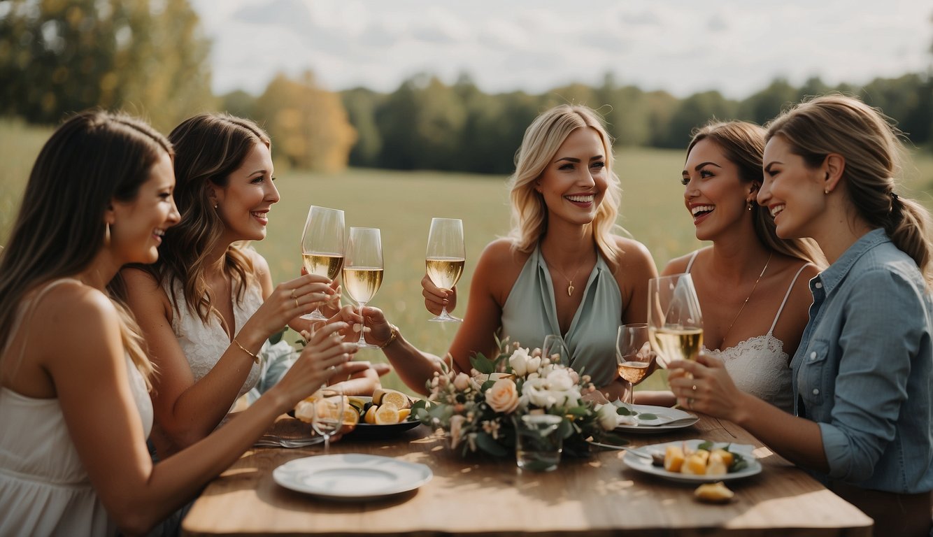 A group of women laughing and toasting with champagne, surrounded by colorful decorations and party favors at a bachelorette party in Michigan Bachelorette Party Ideas in Michigan