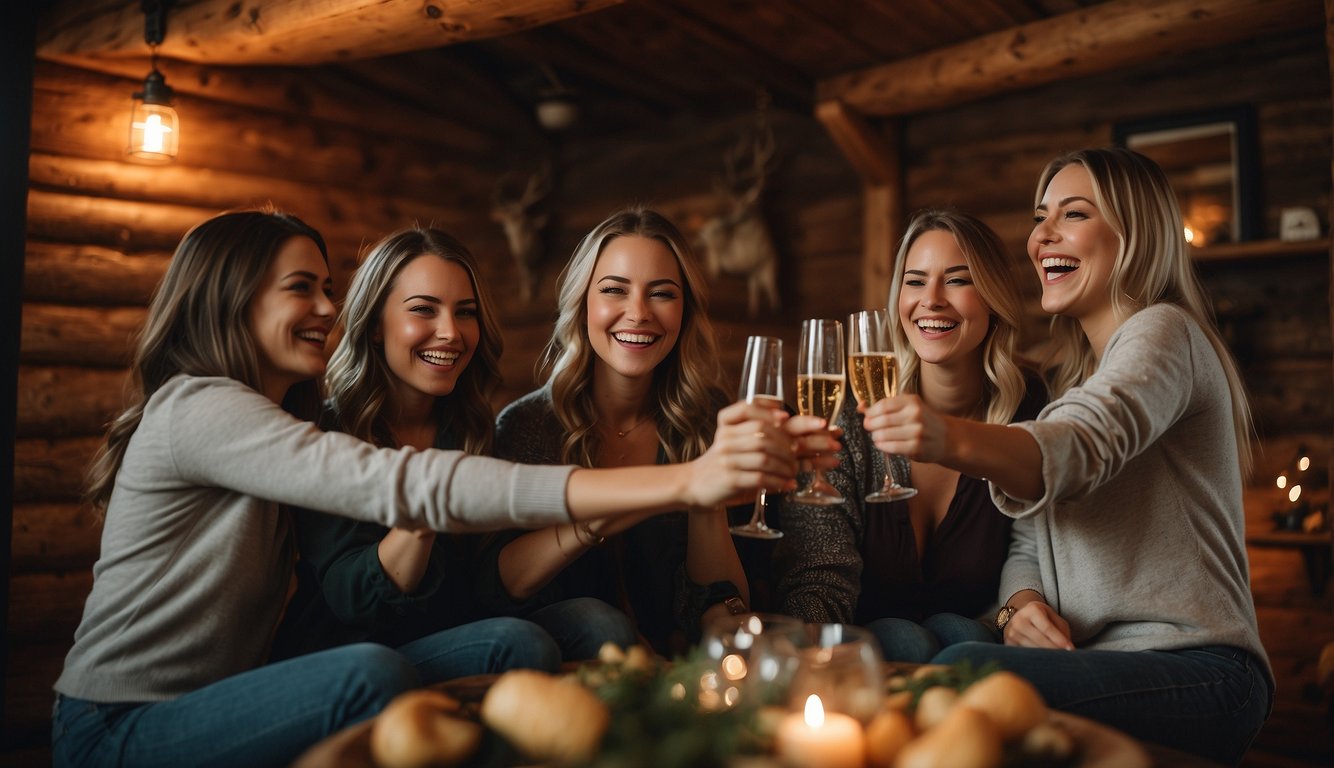 A group of women laughing and toasting with champagne in a cozy cabin surrounded by the beautiful Michigan wilderness Bachelorette Party Ideas in Michigan
