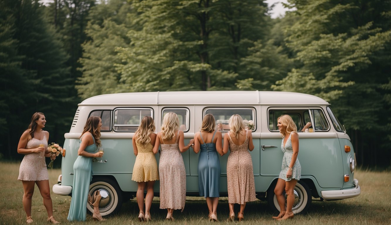 A group of women are enjoying a bachelorette party in Michigan, traveling by a vintage camper van through scenic landscapes and stopping at wineries and local attractions Bachelorette Party Ideas in Michigan