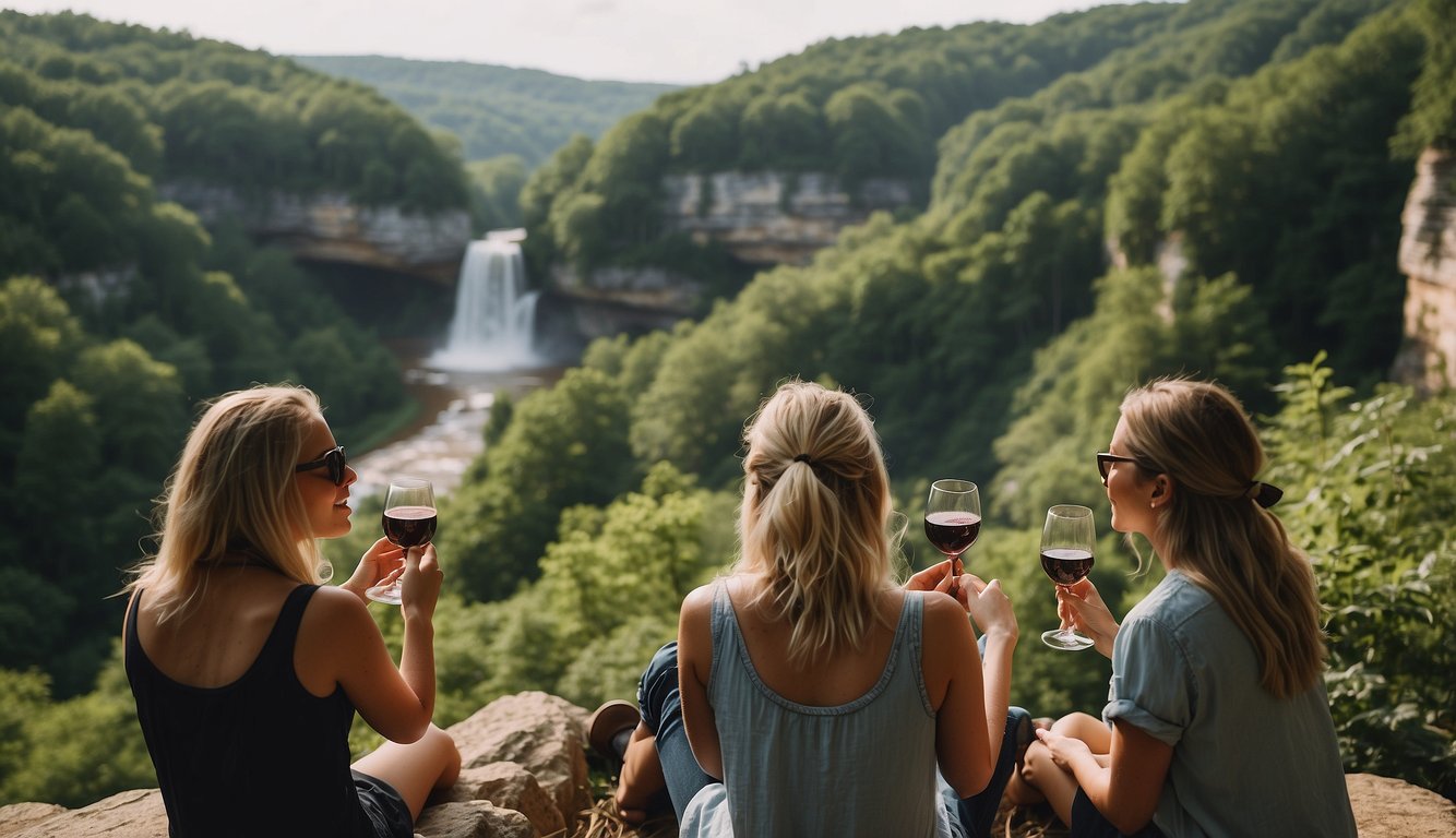 A group of women enjoying a scenic view of Hocking Hills, with waterfalls and lush greenery, while sipping on local wines and exploring charming small towns Bachelorette Party Ideas in Ohio