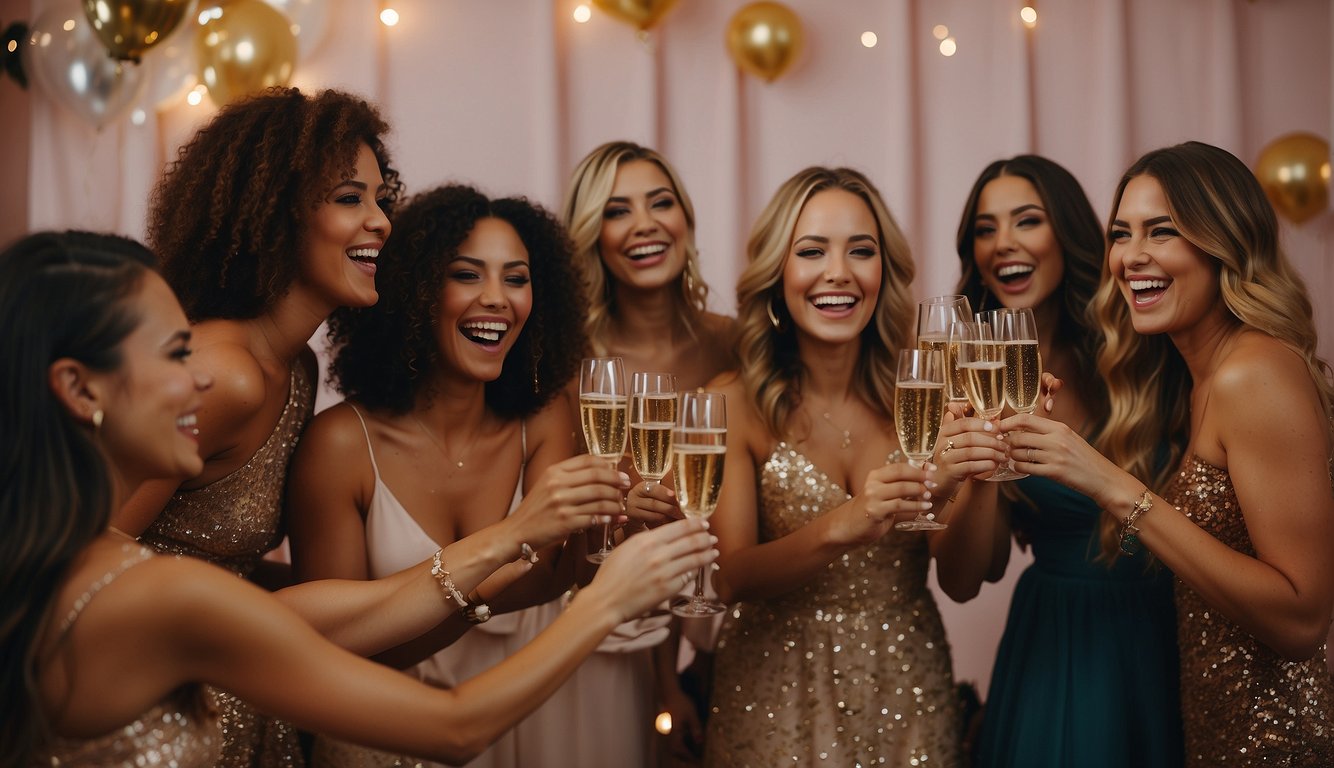 A group of women laughing and toasting with champagne at a bachelorette party in Ohio. Decorations and party favors are scattered around the room Bachelorette Party Ideas in Ohio
