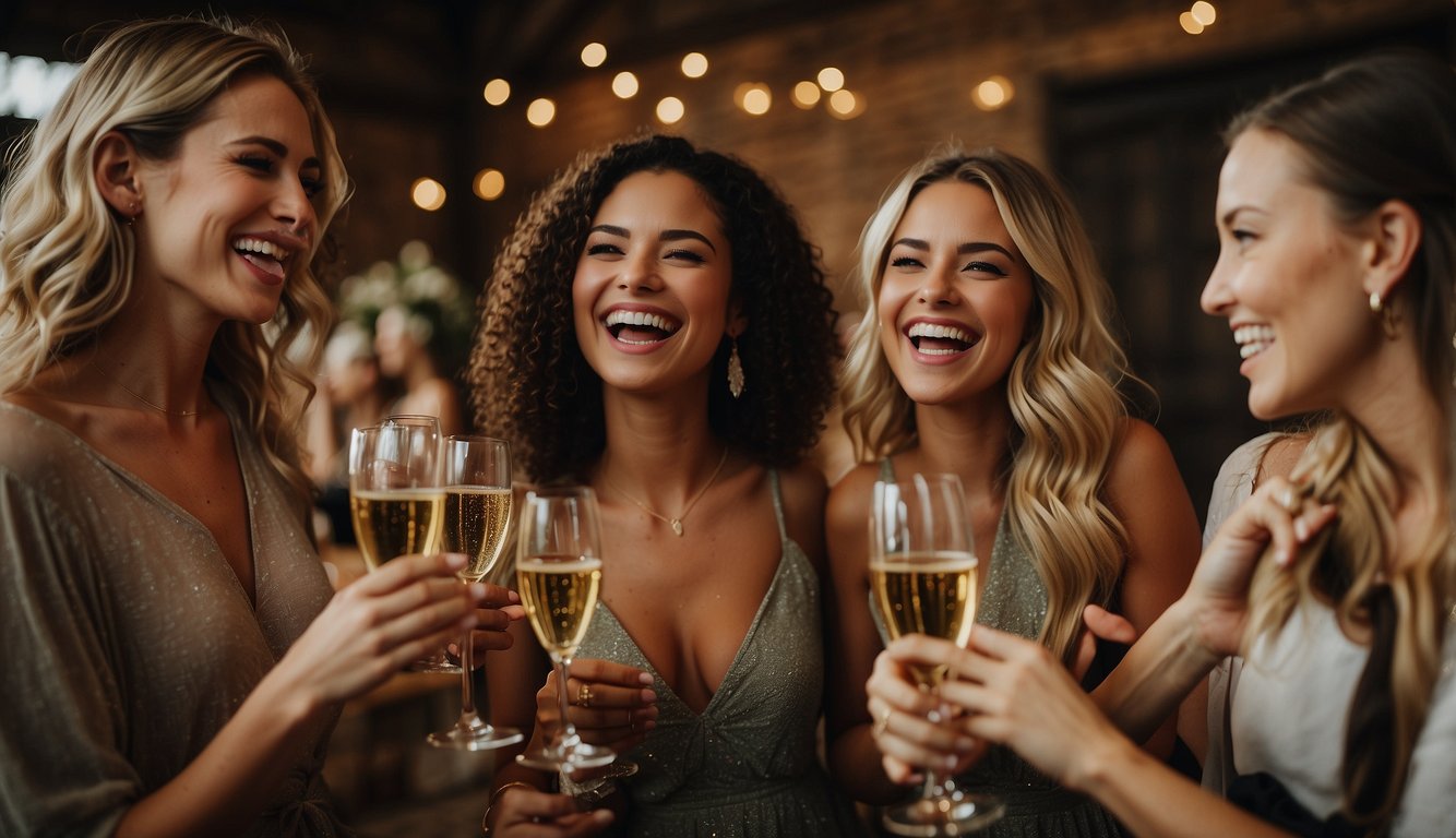 A group of women laughing and toasting with champagne in a rustic, elegant winery in Ohio. Twinkling lights and lush greenery create a warm, inviting atmosphere for a bachelorette party Bachelorette Party Ideas in Ohio
