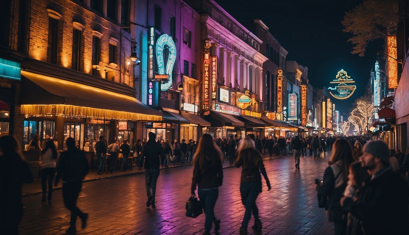 A bustling street lined with colorful bars, theaters, and music venues, filled with lively crowds and neon lights Bachelorette Party Ideas in Ohio
