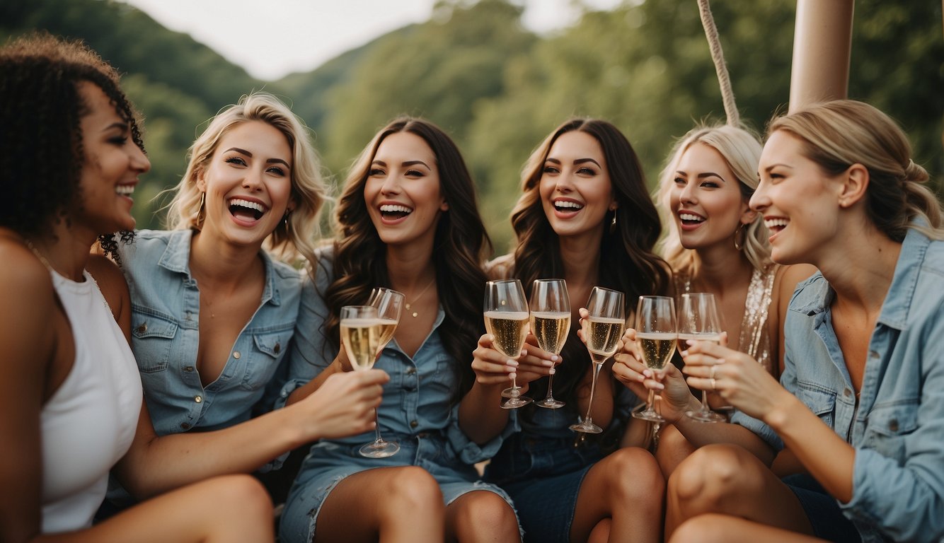 A group of women laughing and toasting with champagne while enjoying a fun outdoor activity, such as zip-lining or kayaking, during a bachelorette party in Ohio Bachelorette Party Ideas in Ohio