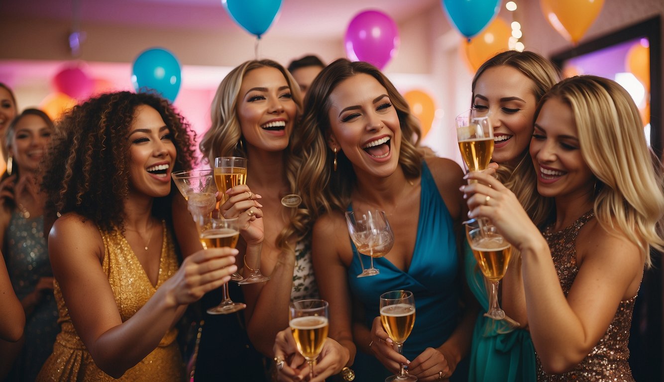 A group of women celebrating at a lively bachelorette party in Ohio, with colorful decorations, drinks, and laughter filling the room Bachelorette Party Ideas in Ohio
