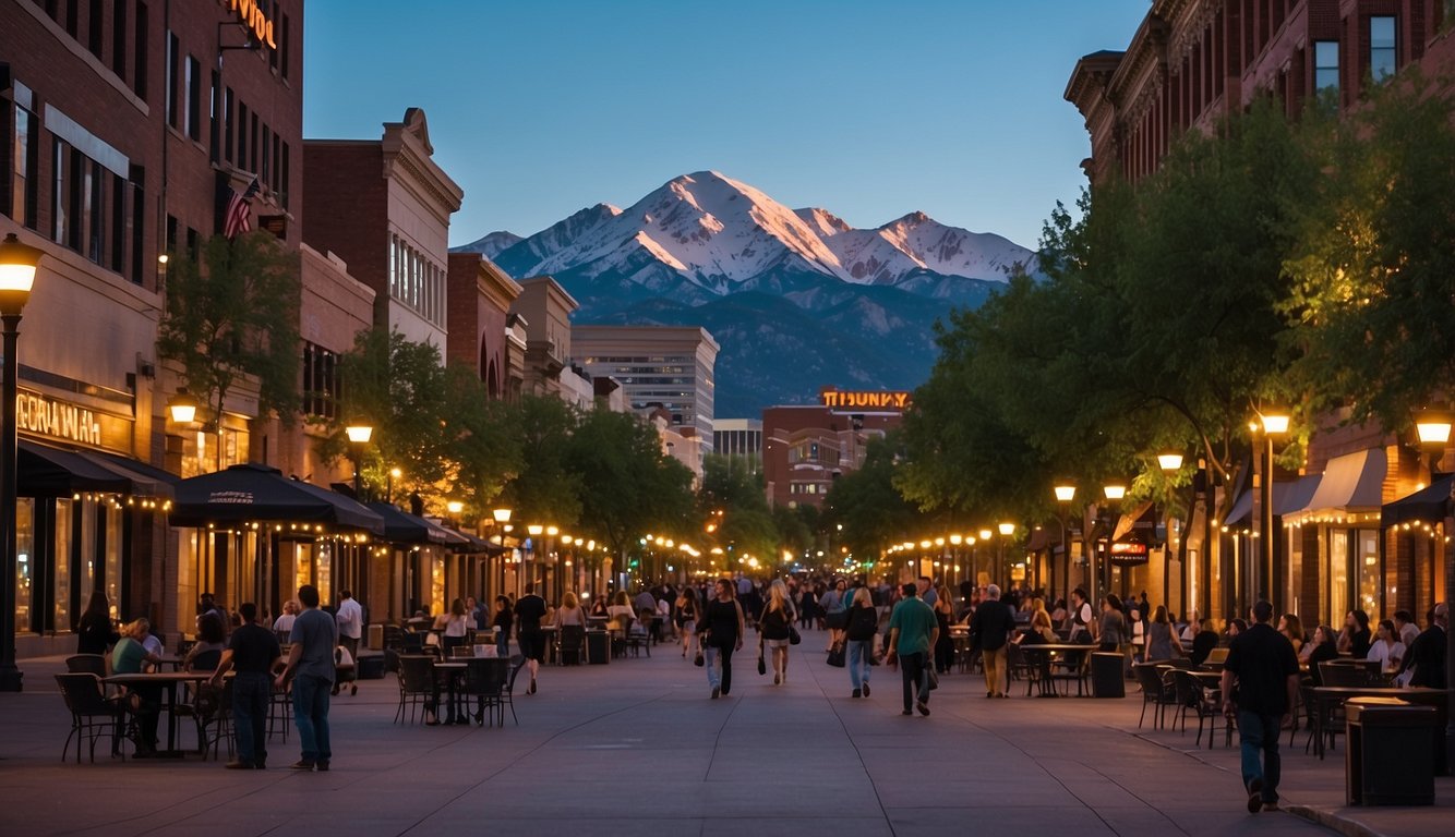 The bustling streets of downtown Denver, lined with trendy bars and restaurants, set against the backdrop of the Rocky Mountains Denver Bachelorette Party Ideas