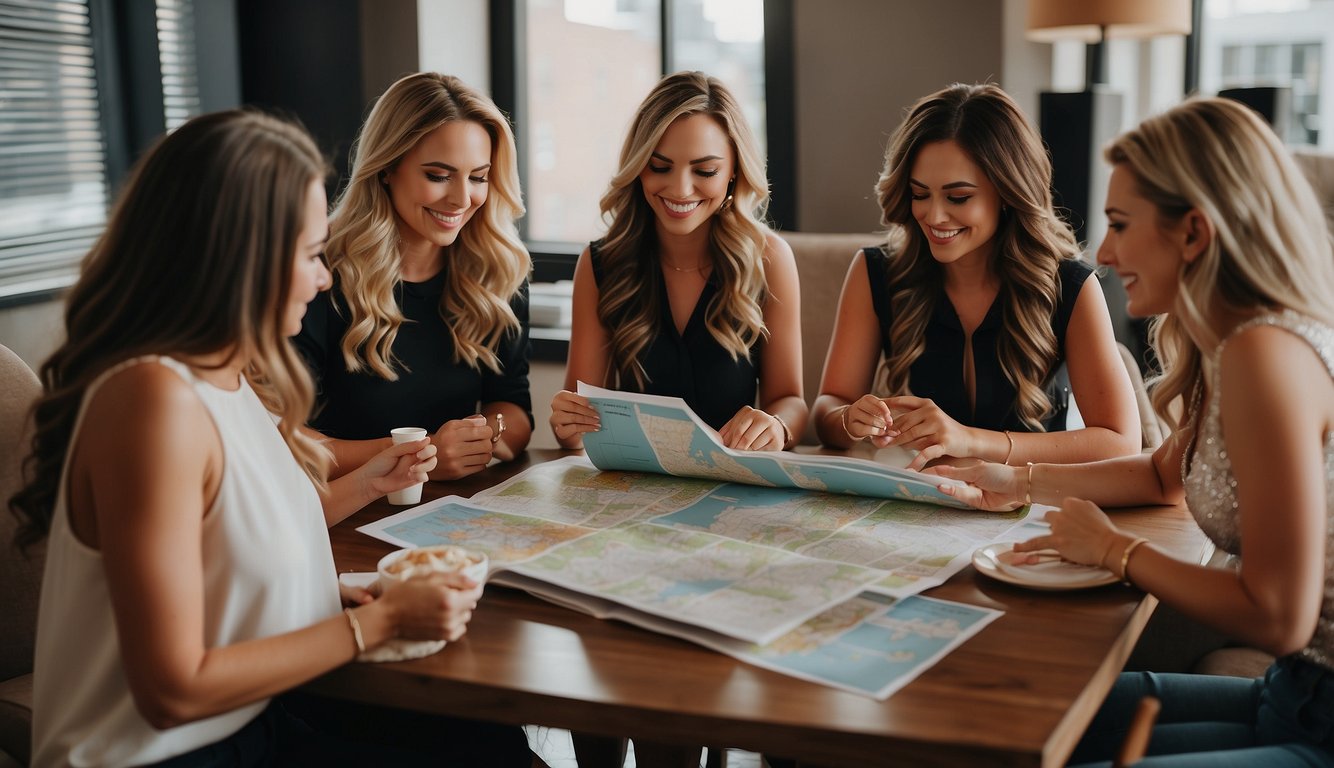 A group of women gather around a table with maps and brochures, discussing and planning activities for a bachelorette party in Denver Denver Bachelorette Party Ideas