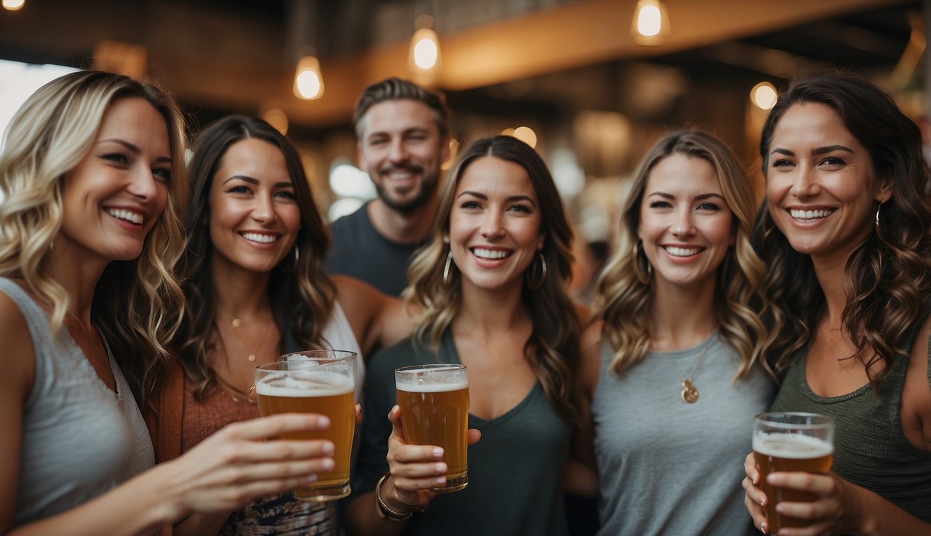 A group of women celebrate in Denver with drinks, laughter, and fun activities like a brewery tour, outdoor yoga, and a painting class Denver Bachelorette Party Ideas