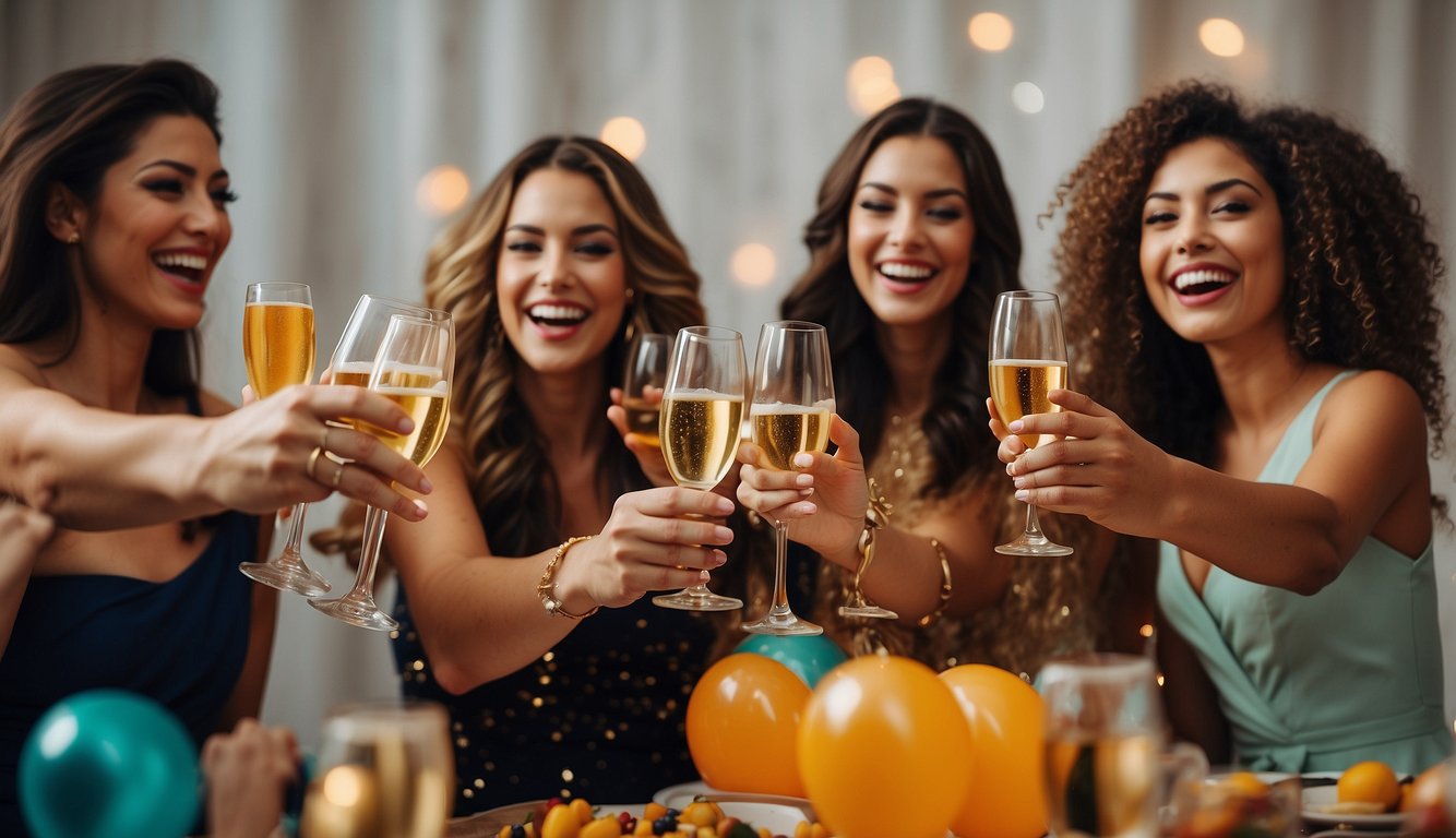 A table filled with colorful decorations, party favors, and photo props. A group of women laughing and toasting with champagne glasses  Denver Bachelorette Party Ideas
