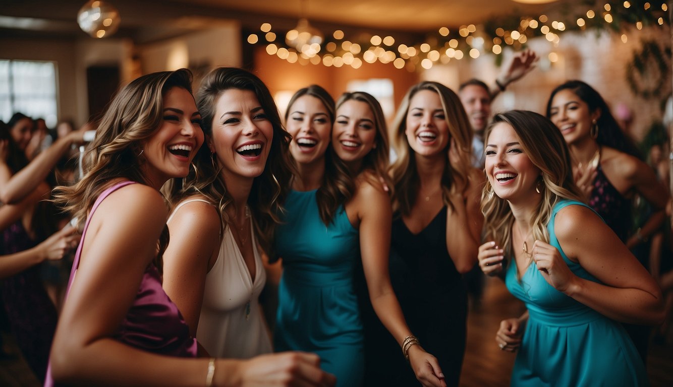A group of women laughing and dancing at a lively bachelorette party with colorful decorations and specialty entertainment in Denver Denver Bachelorette Party Ideas
