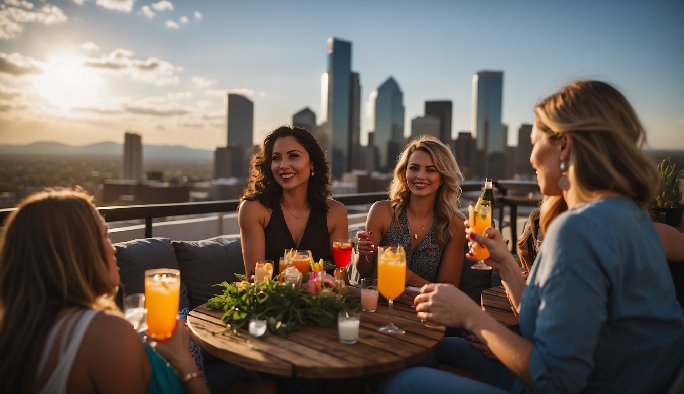 A group of women enjoying a rooftop cocktail party with a stunning view of the Denver skyline, surrounded by colorful decorations and comfortable seating Denver Bachelorette Party Ideas