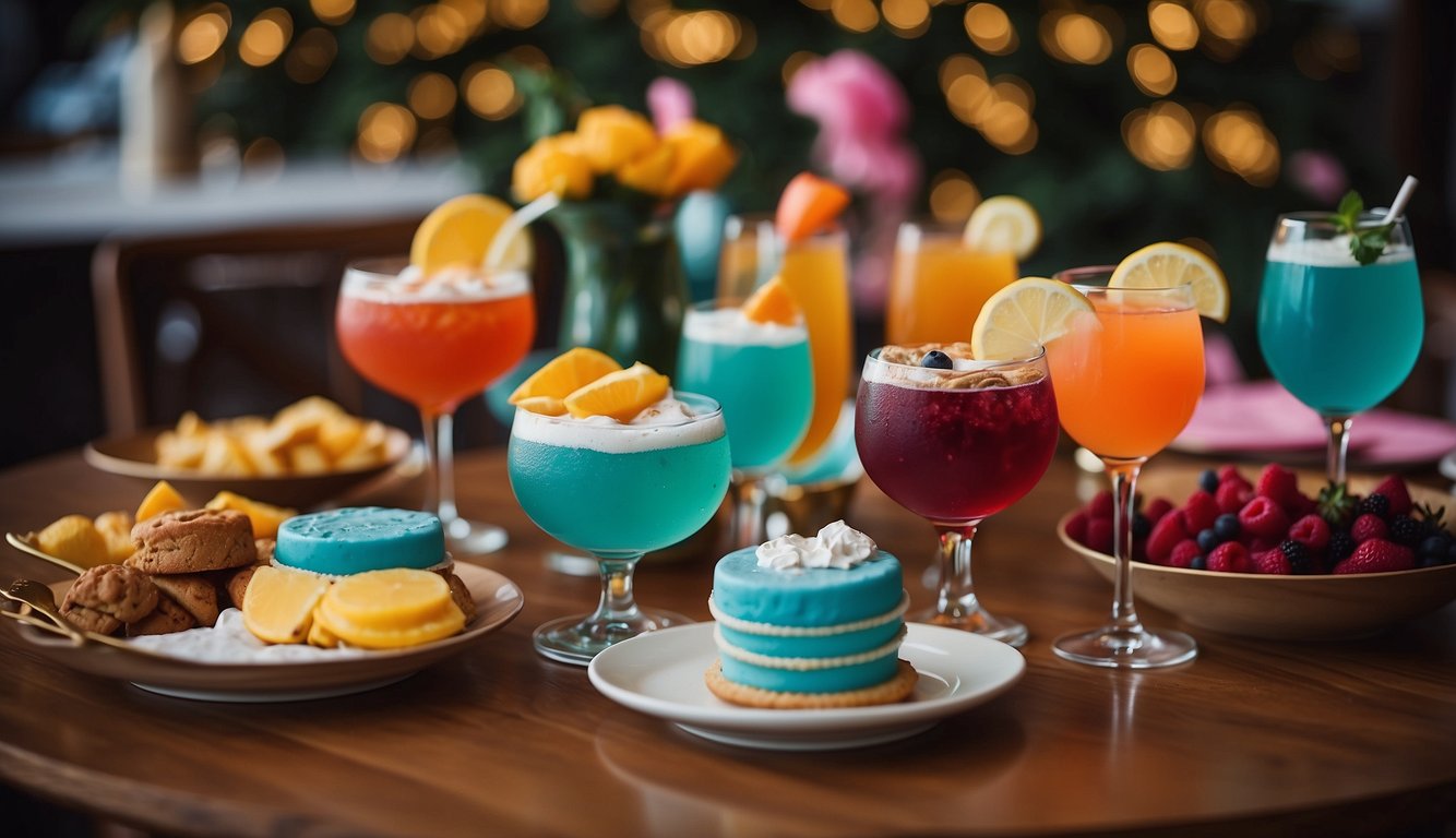 A table set with colorful cocktails, decadent desserts, and festive decorations for a Denver bachelorette party Denver Bachelorette Party Ideas