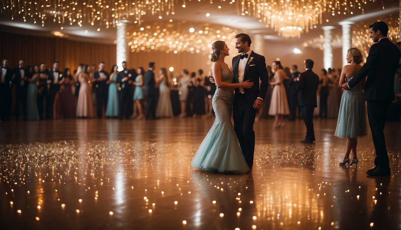 A glittering ballroom with elegant decorations and a dance floor filled with adults dressed in formal attire, enjoying a night of music and dancing at an adult prom event Adult Prom