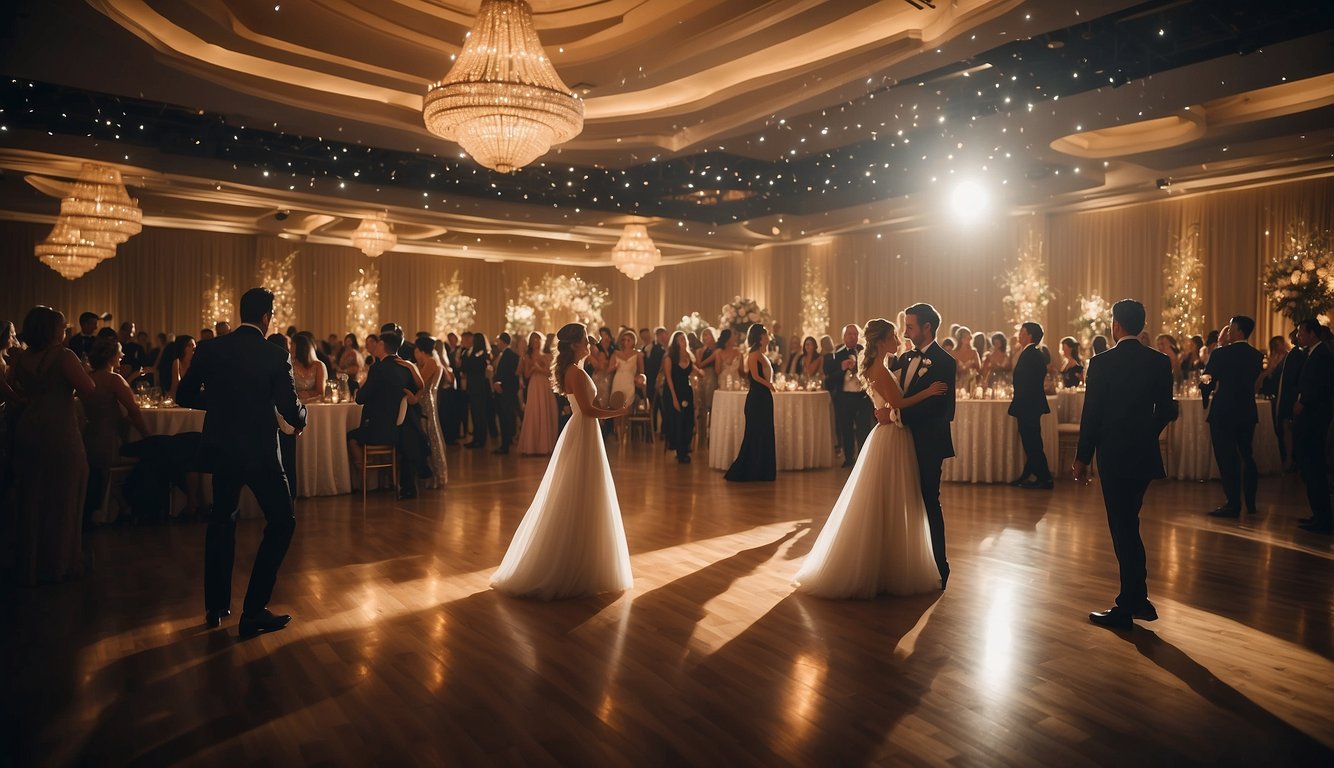 A bustling ballroom with elegant decor, twinkling lights, and a spacious dance floor filled with well-dressed adults enjoying a lively prom event Adult Prom