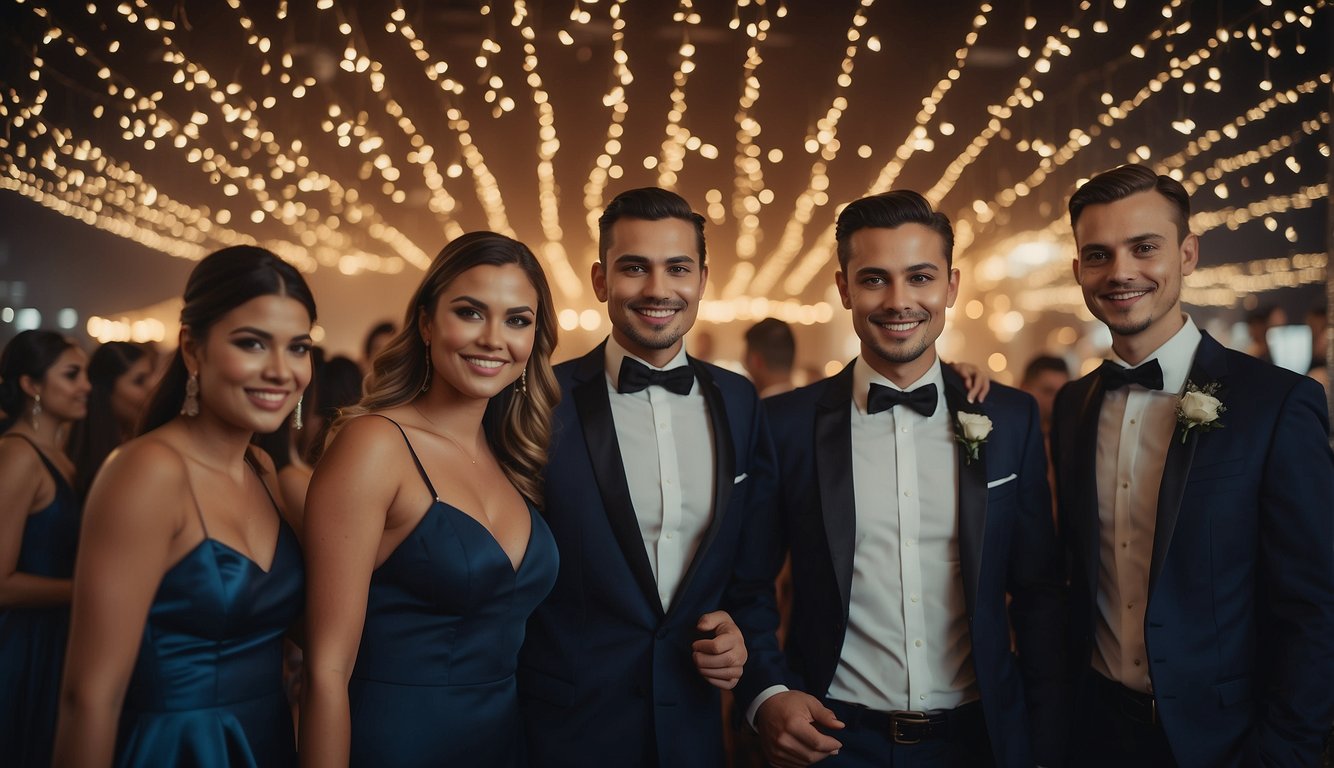 A group of adults dressed in formal attire pose for photos at a digital-themed prom, with social media icons and hashtags decorating the venue Adult Prom