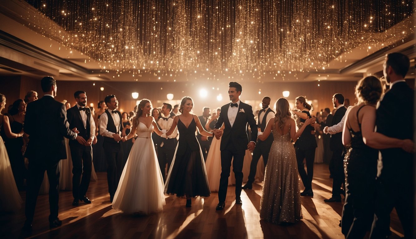 A group of adults in formal attire, including tuxedos and gowns, dancing under glittering lights at a grand ballroom for an adult prom