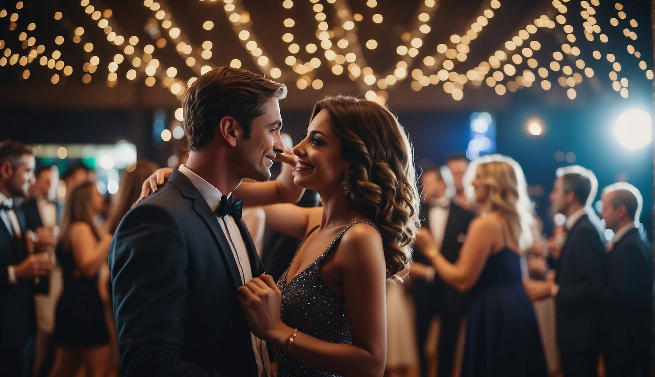 Couples dancing under twinkling lights at an adult prom, with a live band playing in the background and a photo booth capturing memories Adult Prom