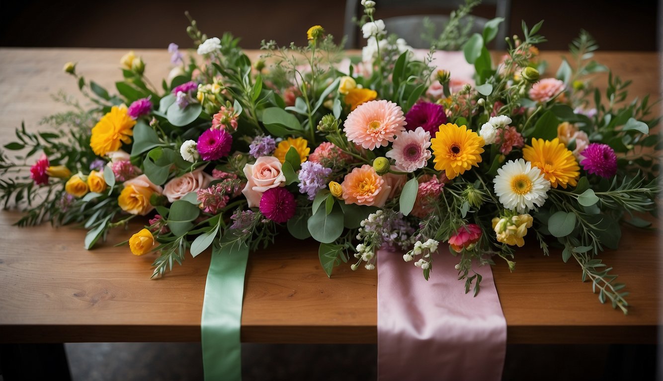 A table with a variety of colorful flowers, ribbons, and greenery arranged in a circular shape, ready to be made into prom bouquets_Prom Bouquet Ideas