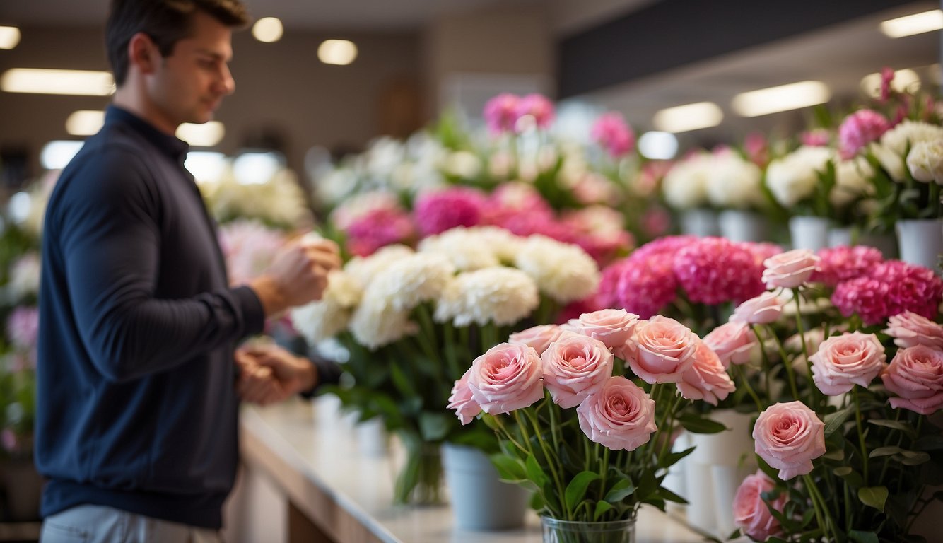 A customer selects vibrant pink and white flowers for a prom bouquet at a flower shop counter_Prom Bouquet Ideas