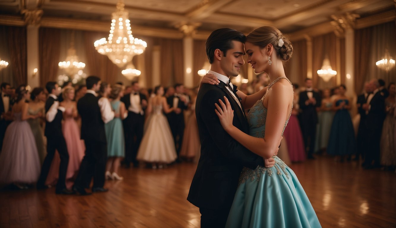 Prom couples from different eras dance in a ballroom, wearing period-appropriate attire. The room is adorned with historical decorations and the atmosphere is filled with nostalgia and romance_Prom Couples 