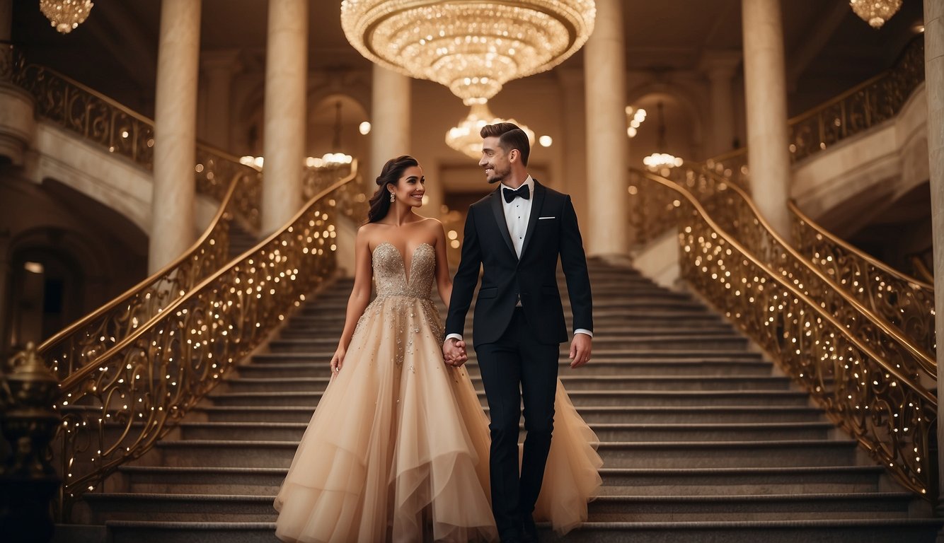 Prom couples in elegant attire pose against a backdrop of twinkling lights and a grand staircase. Dresses and tuxedos are stylish and sophisticated_Prom Couples 