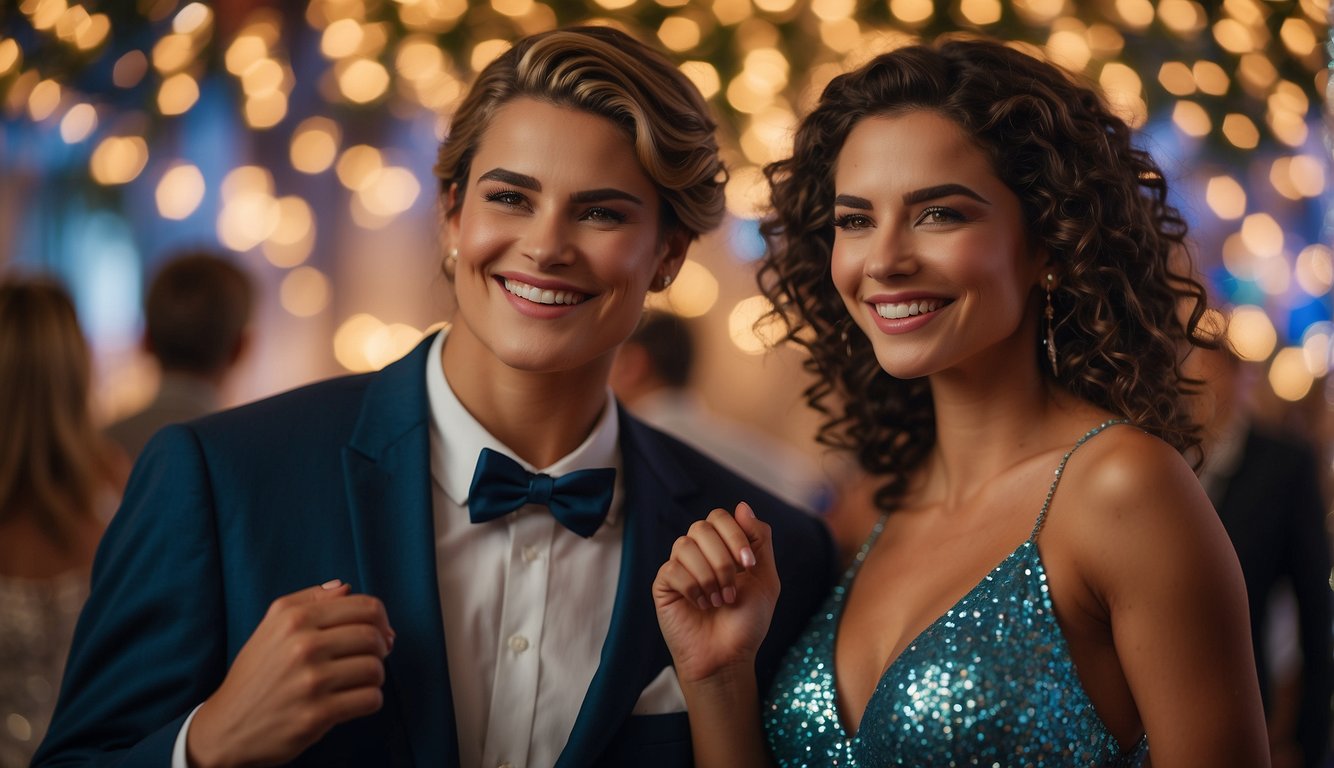 Prom couples posing in front of a sparkling backdrop, smiling and holding hands. The room is filled with twinkling lights and colorful decorations_Prom Couples 