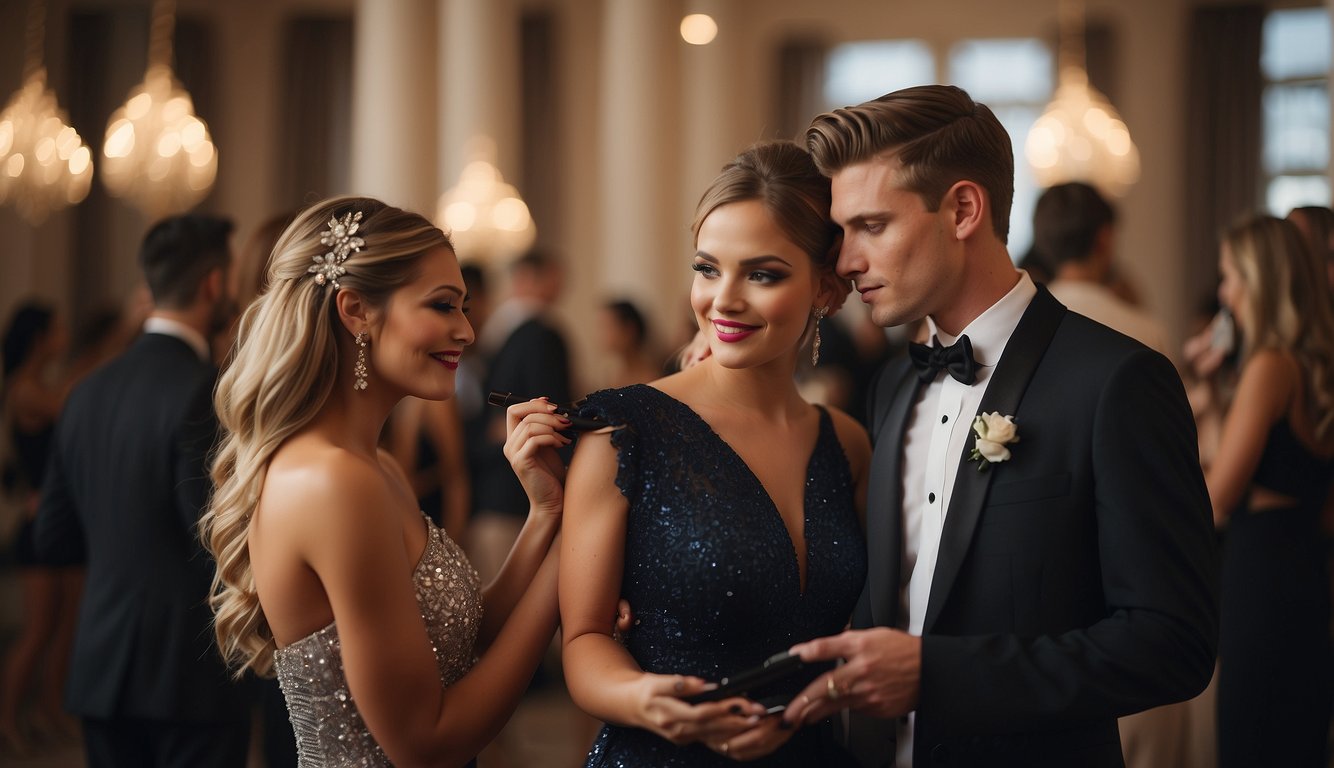 Prom couples applying makeup, styling hair, and sharing beauty tips in a glamorous setting_Prom Couples 
