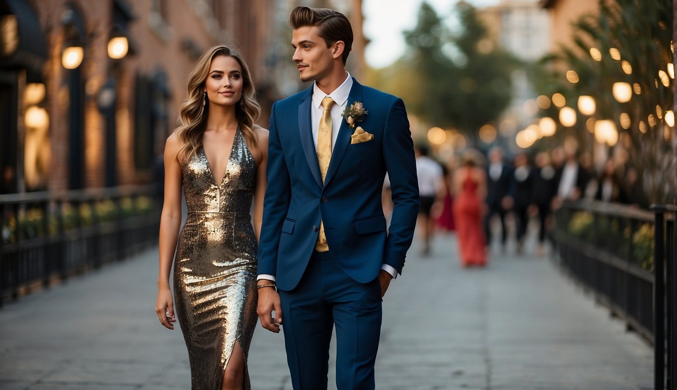 A prom couple in trendy outfits, the girl in a sleek, form-fitting gown with metallic accents, and the boy in a sharp, tailored suit with a bold patterned tie_Prom Couple Outfits