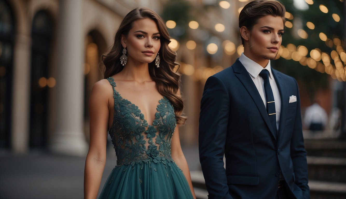 A couple in elegant prom attire, the girl in a flowing gown with intricate detailing, and the boy in a sharp suit with a matching tie_Prom Couple Outfits