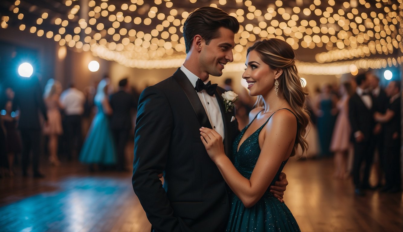 A tuxedo and suit tips prom couple outfits on a dance floor_Prom Couple Outfits