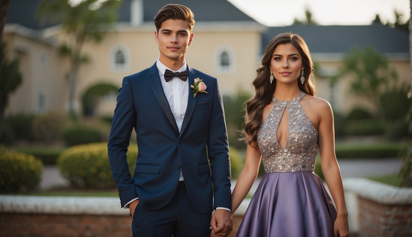 A prom couple stands side by side, coordinating their outfits. The girl wears a flowing gown while the boy dons a sharp suit. Their colors and styles complement each other perfectly_Prom Couple Outfits
