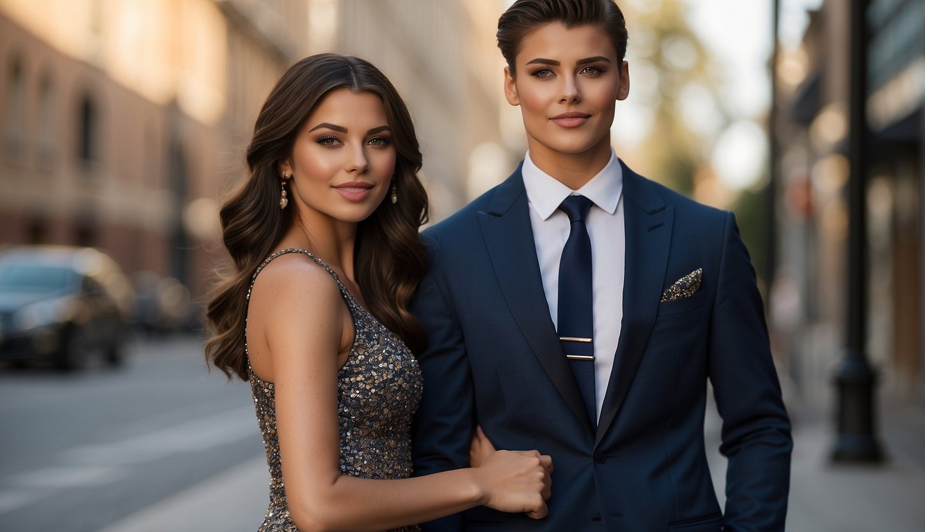 A couple stands side by side, showcasing their coordinating prom outfits. The girl wears a sleek dress with matching heels, while the boy sports a sharp suit with a coordinating tie and pocket square_Prom Couple Outfits