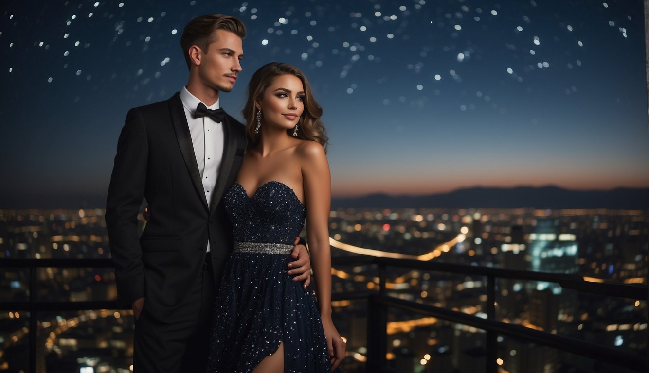 A stylish prom couple in elegant, modern outfits pose against a backdrop of city lights and a starry night sky_Prom Couple Outfits