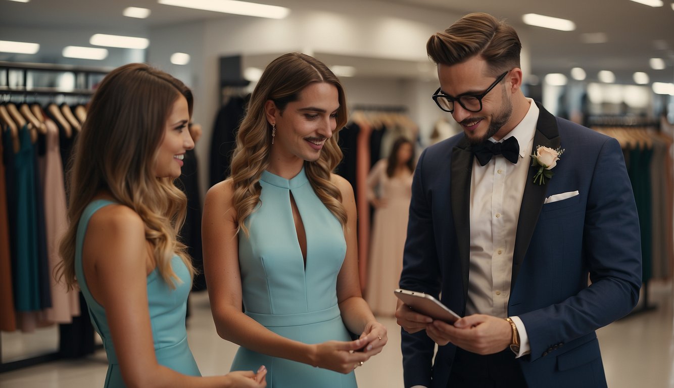 A stylist advises a prom couple on outfit choices in a trendy clothing store_Prom Couple Outfits