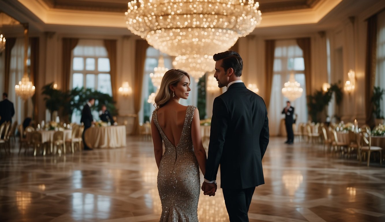 A couple in formal attire stands in a grand ballroom, surrounded by elegant decor and chandeliers. The woman wears a glamorous gown, while the man is in a sharp tuxedo_Prom Couple Outfits
