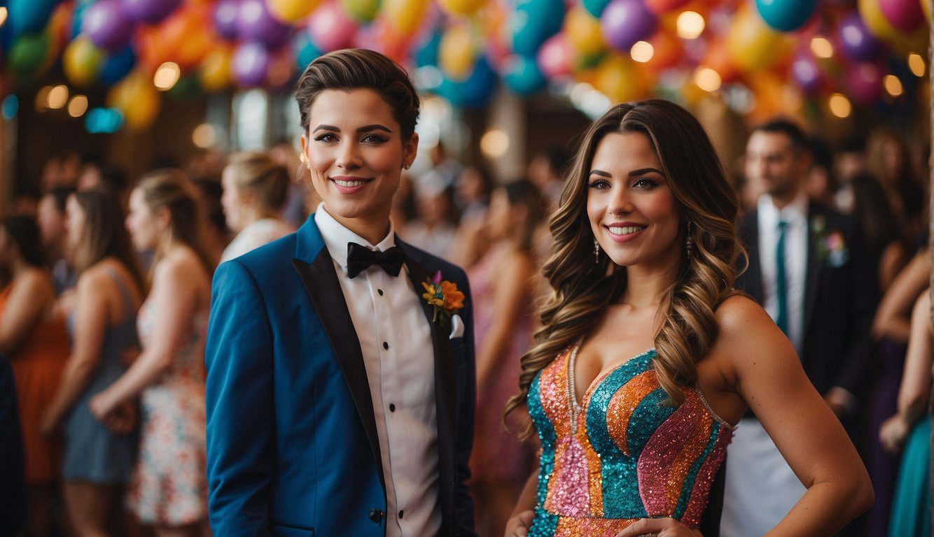 A couple stands in a vibrant prom venue, surrounded by unique and colorful decorations. Their outfits are coordinated with the prom theme, adding to the_Prom  overall aesthetic_Prom Couple Outfits