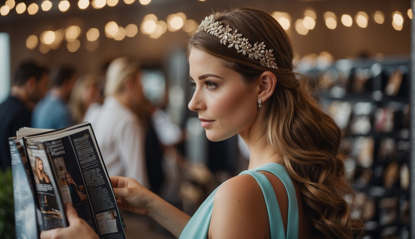A girl browsing through different down hairstyles for prom, surrounded by magazines and hair accessories