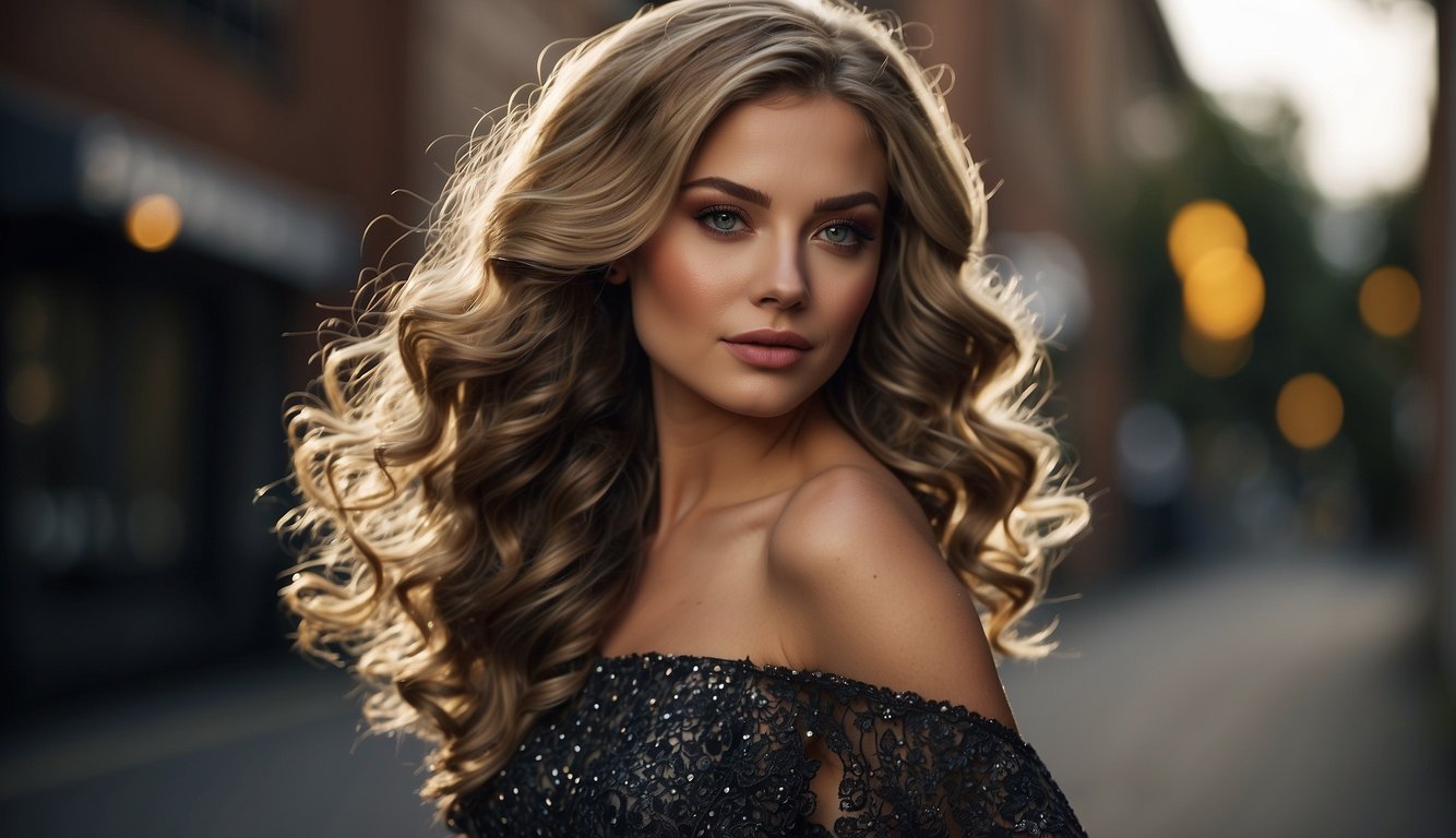 A woman with long, flowing hair styled in classic down hairstyles for prom, with loose curls cascading down her back