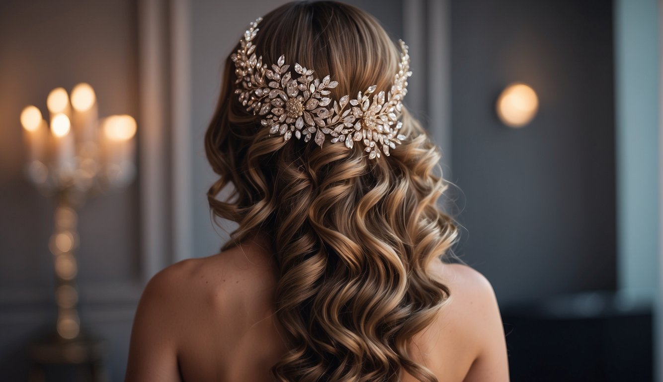 A woman with glamorous high volume down hairstyles for prom, with cascading curls and elegant waves, adorned with sparkling hair accessories