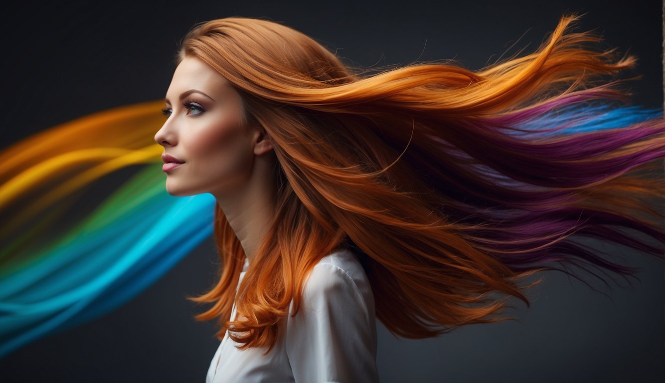 Vibrant, sleek hair cascading down, with bold colors and sharp angles